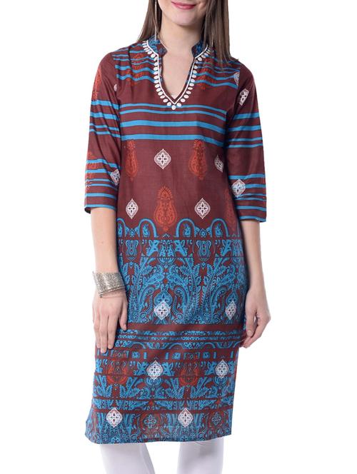 brown Cotton Straight Kurta - 10004448 - Very Small Image - 1