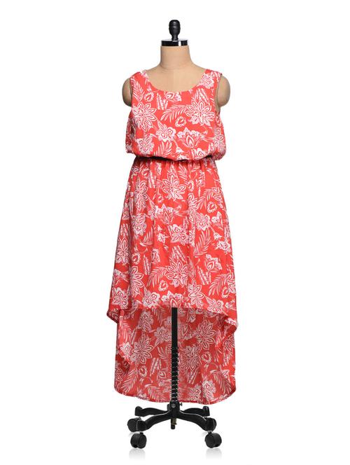 Red & White Poly-Crepe Floral Print Asymmetric Dress - Queens