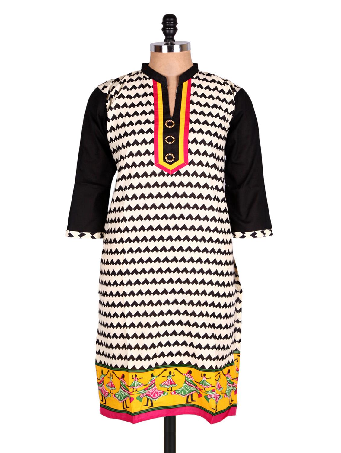 White & Black Geometric Print Cotton Kurti - Sale Mantra
