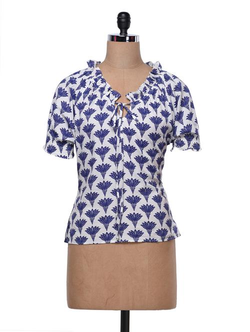 White & Blue Printed Cotton Top - MOTIF