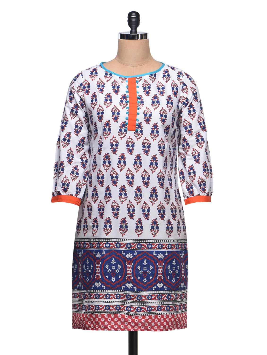 Round Neck Printed White Cotton Kurti - Taaga