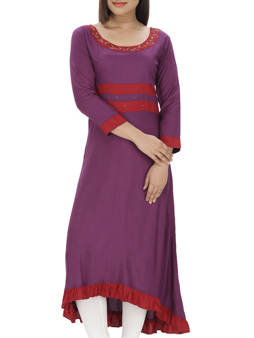 Purple, Red Rayon Highlow Kurta - By