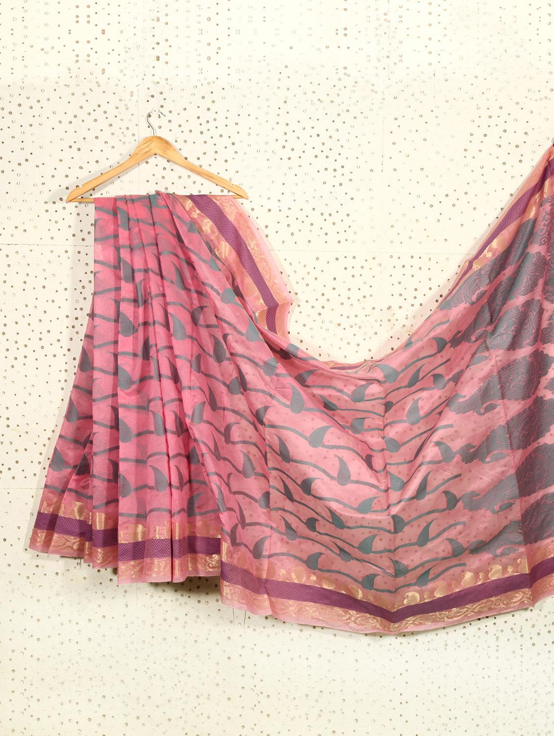 Printed Pink Art Silk And Zari Banarasi Saree - Prabha Creations