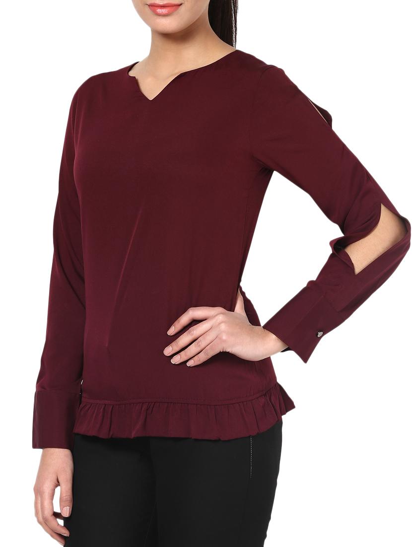 Wine Red Poly Crepe Gathered Top - By