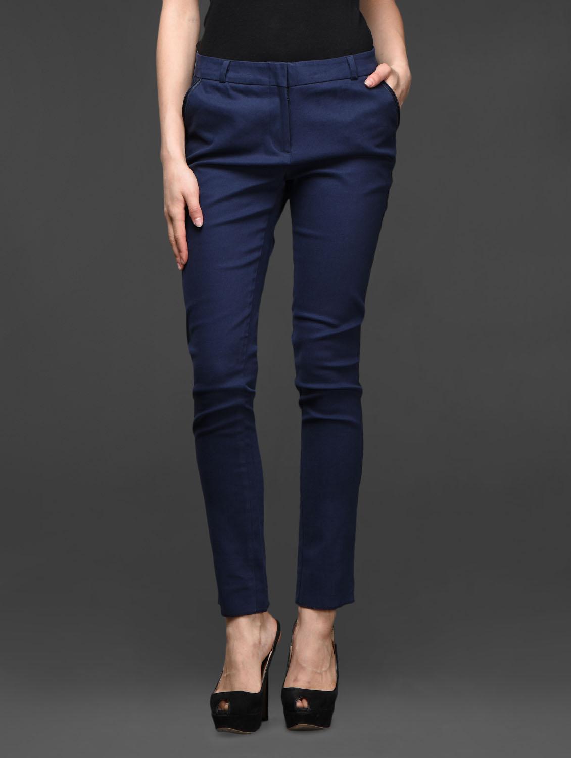 Navy Blue Skinny Fit Formal Trousers - Kaaryah