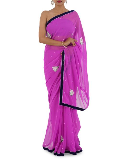 Blue Border Hand Work Saree - Bandhni