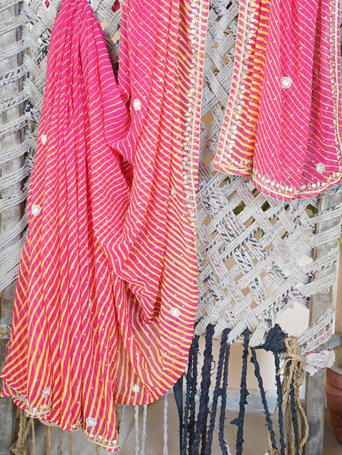 Embroidered Border Lehariya Georgette Saree - Manaysa