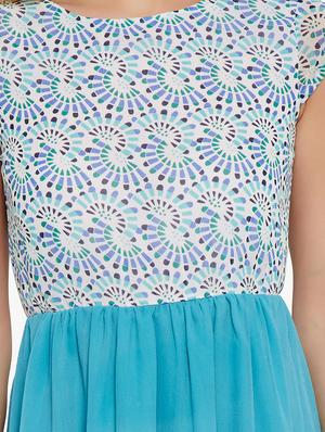 the vanca sky blue printed and gathered poly georgette skater dress - 10315154 - Standard Image - 4