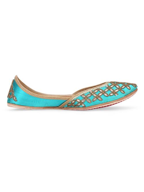 turquoise hand embroidered leather mojaris - 10344679 - Standard Image - 1