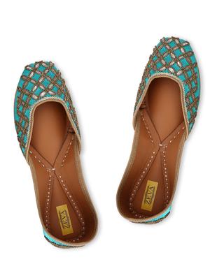 turquoise hand embroidered leather mojaris - 10344679 - Standard Image - 4