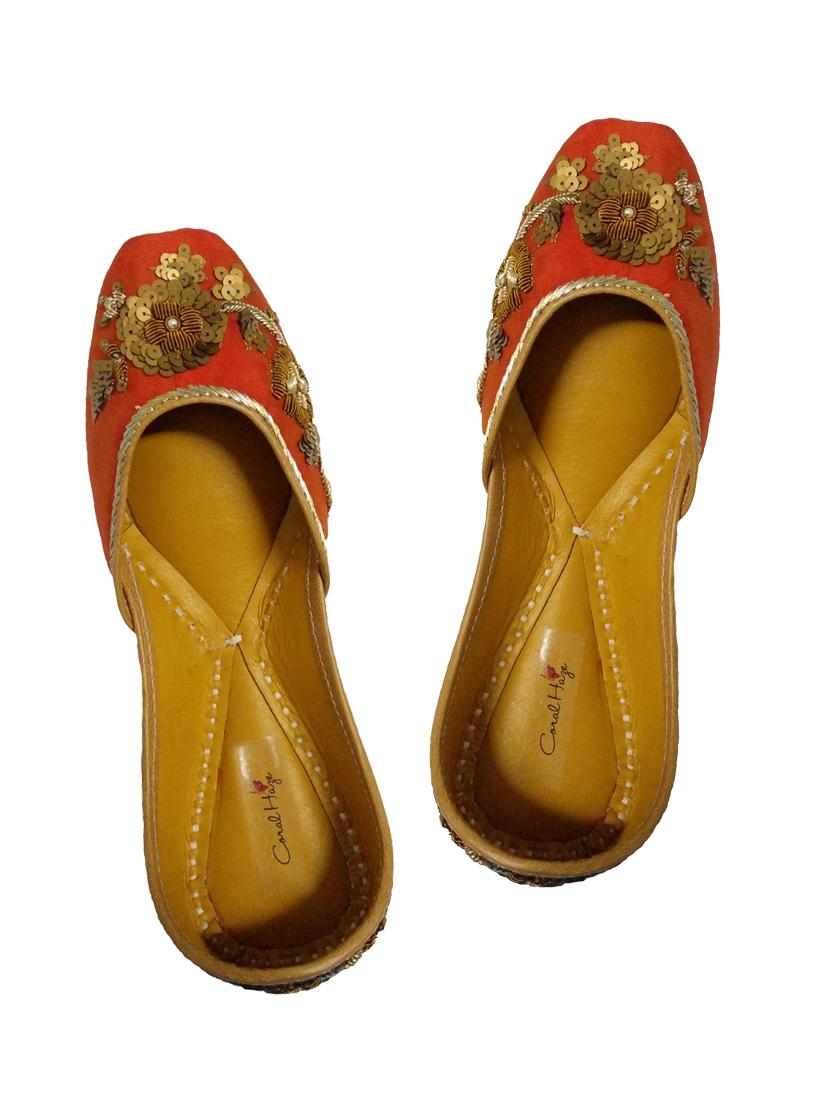 Coral Haze Orange floral embellished silk handcrafted jutis - 10366996 - Zoom Image - 4
