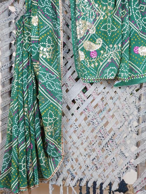 Sequined Paisley Bandhej Georgette Saree - Lazza