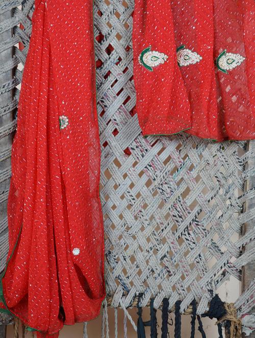 Red Embroidered Lehariya Georgette Saree - Lazza
