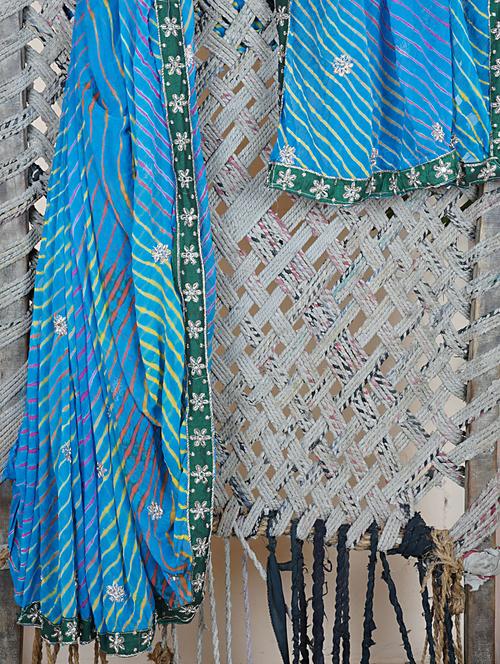 Blue Embroidered Border Leheriya Georgette Saree - Aari Taari
