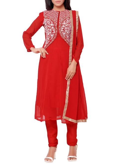 red georgette anarkali suits unstitched suit - 10416027 - Standard Image - 1
