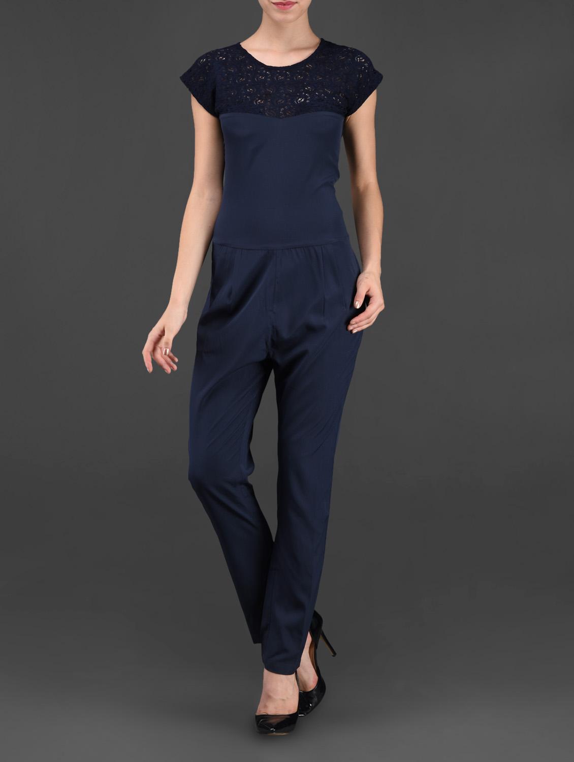 Navy Blue Plain Solid Polycrepe Jumpsuit - STREET 9