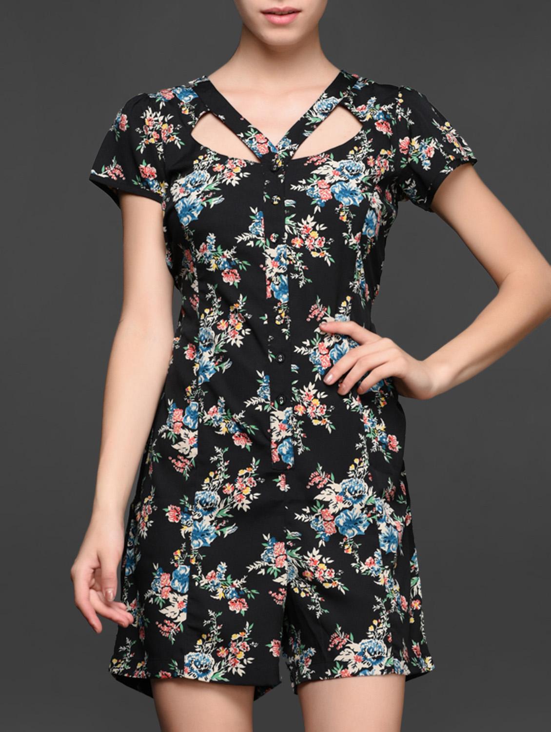 Floral Printed Short Sleeve Jumpsuit - Magnetic Designs