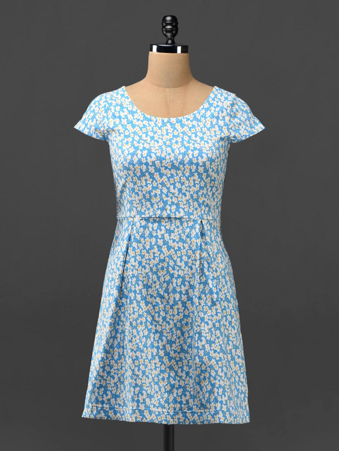 Blue Floral Print Dress With Cut-out Back - Phenomena