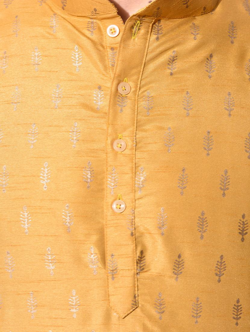 yellow dupion printed long kurta - 10551781 - Zoom Image - 4