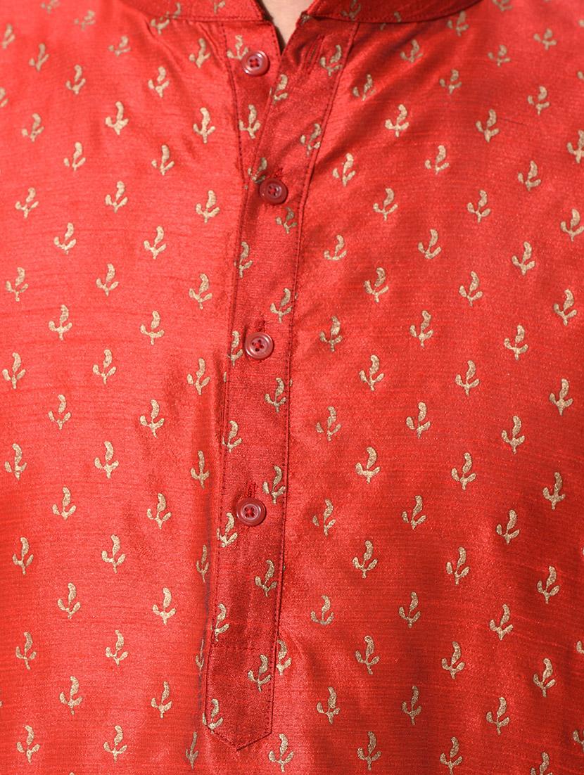 red dupion printed long kurta - 10551791 - Zoom Image - 4
