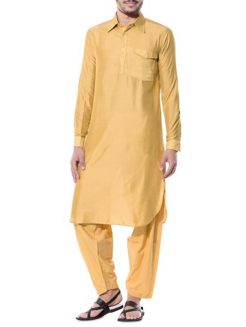 gold cotton silk kurta pyjama set - 10551799 - Standard Image - 1