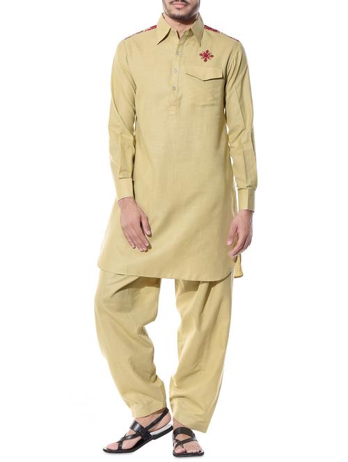 beige dupion silk pathani set - 10551809 - Very Small Image - 1