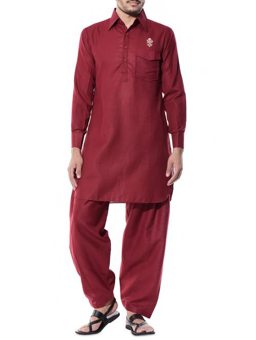 maroon cotton silk pathani set - 10551812 - Standard Image - 1