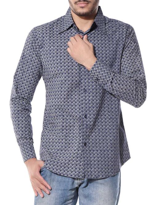 indigo printed cotton silk casual shirt - 10551822 - Standard Image - 1