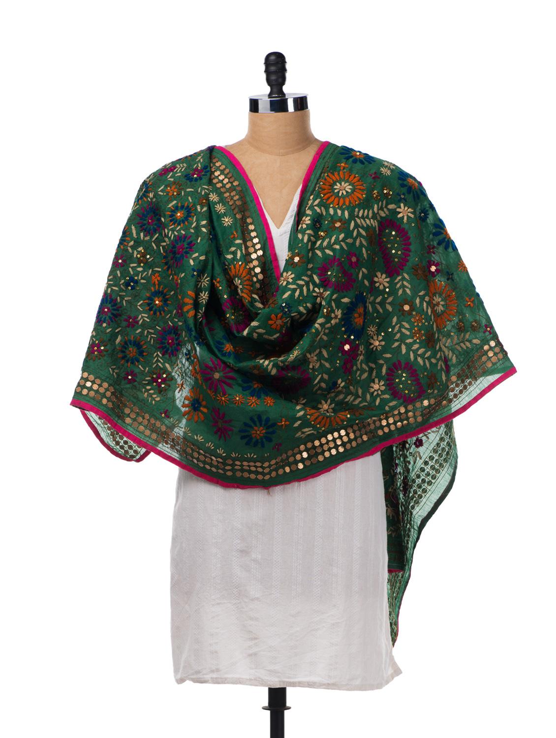 Green Chanderi Silk Embroidered Dupatta - Vayana