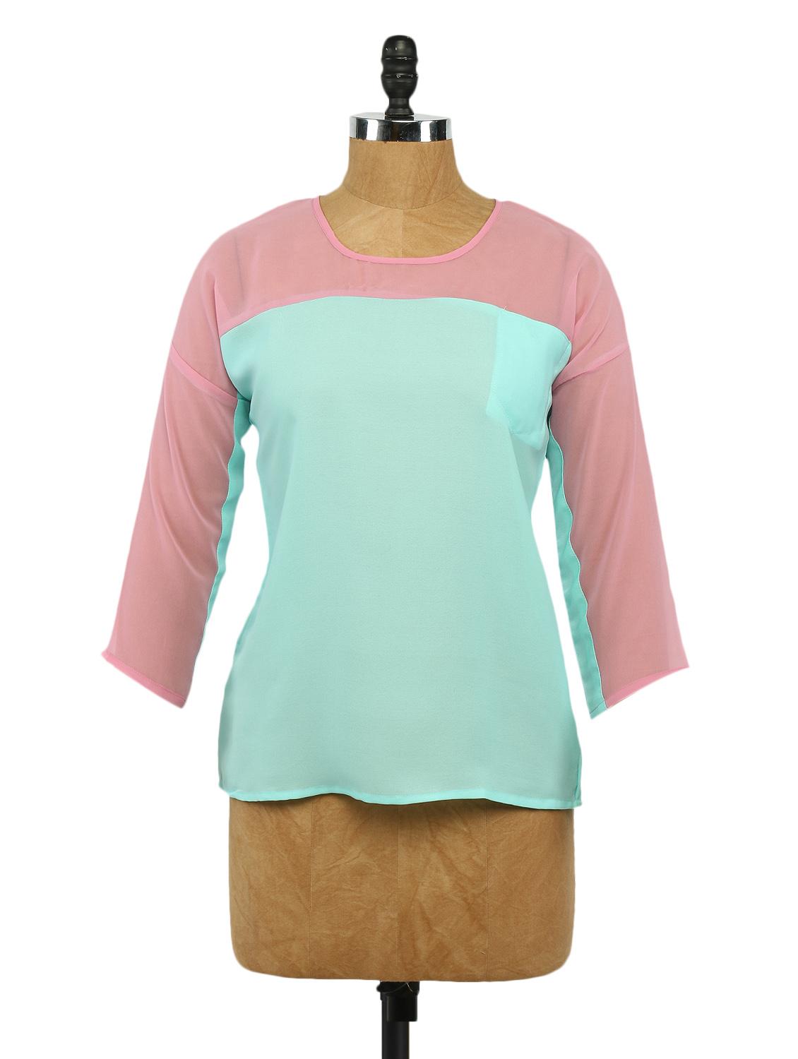 Round Neck Colour Block Georgette Top - Imu