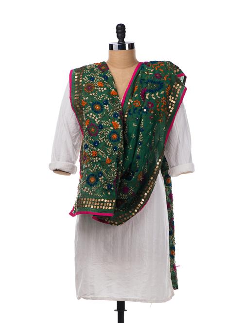 Green And Pink Chanderi Silk Dupatta - Vayana