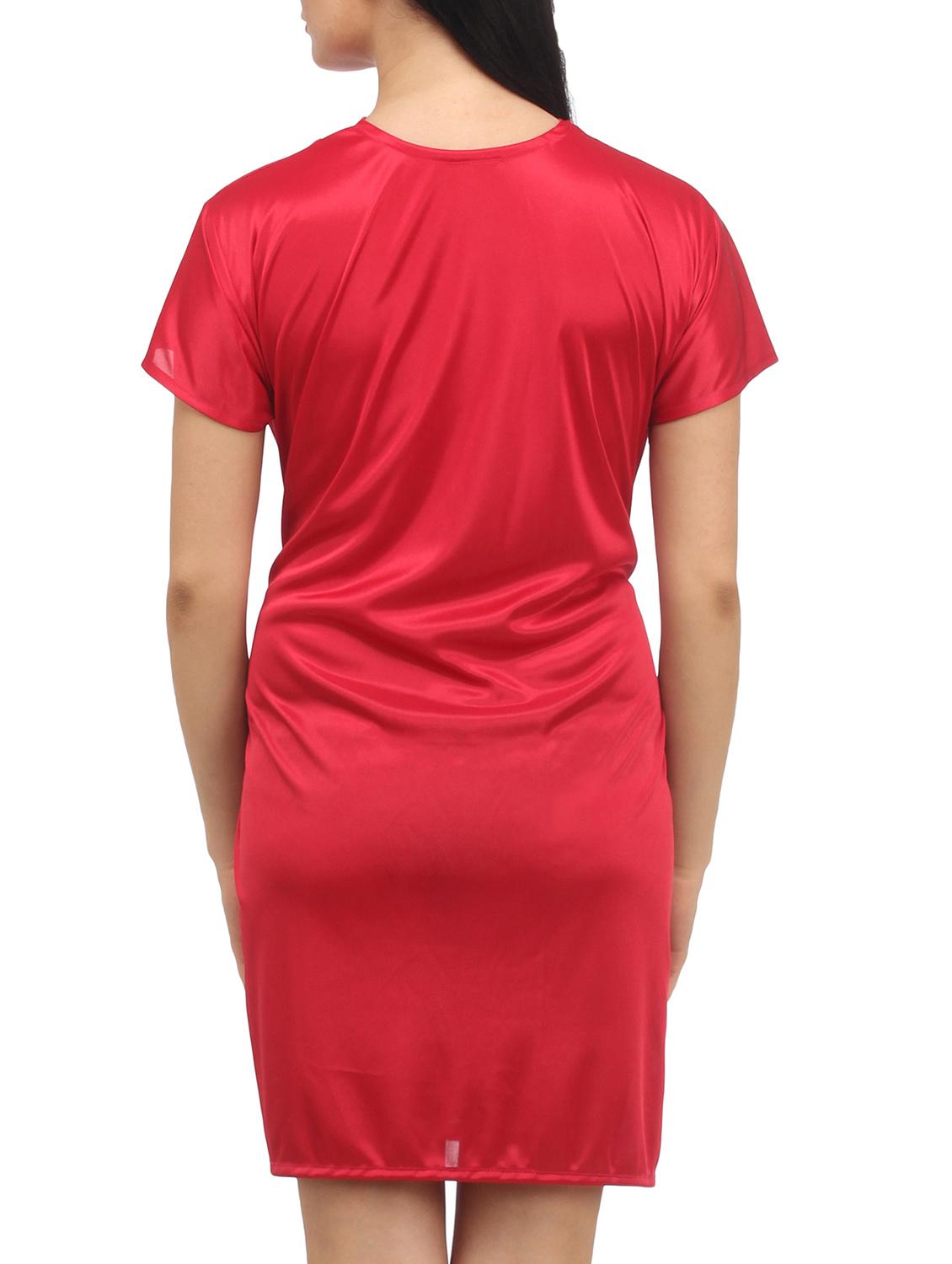 Red Plain Solid Satin Babydoll Nightwear Combo - 1058191 - Zoom Image - 4