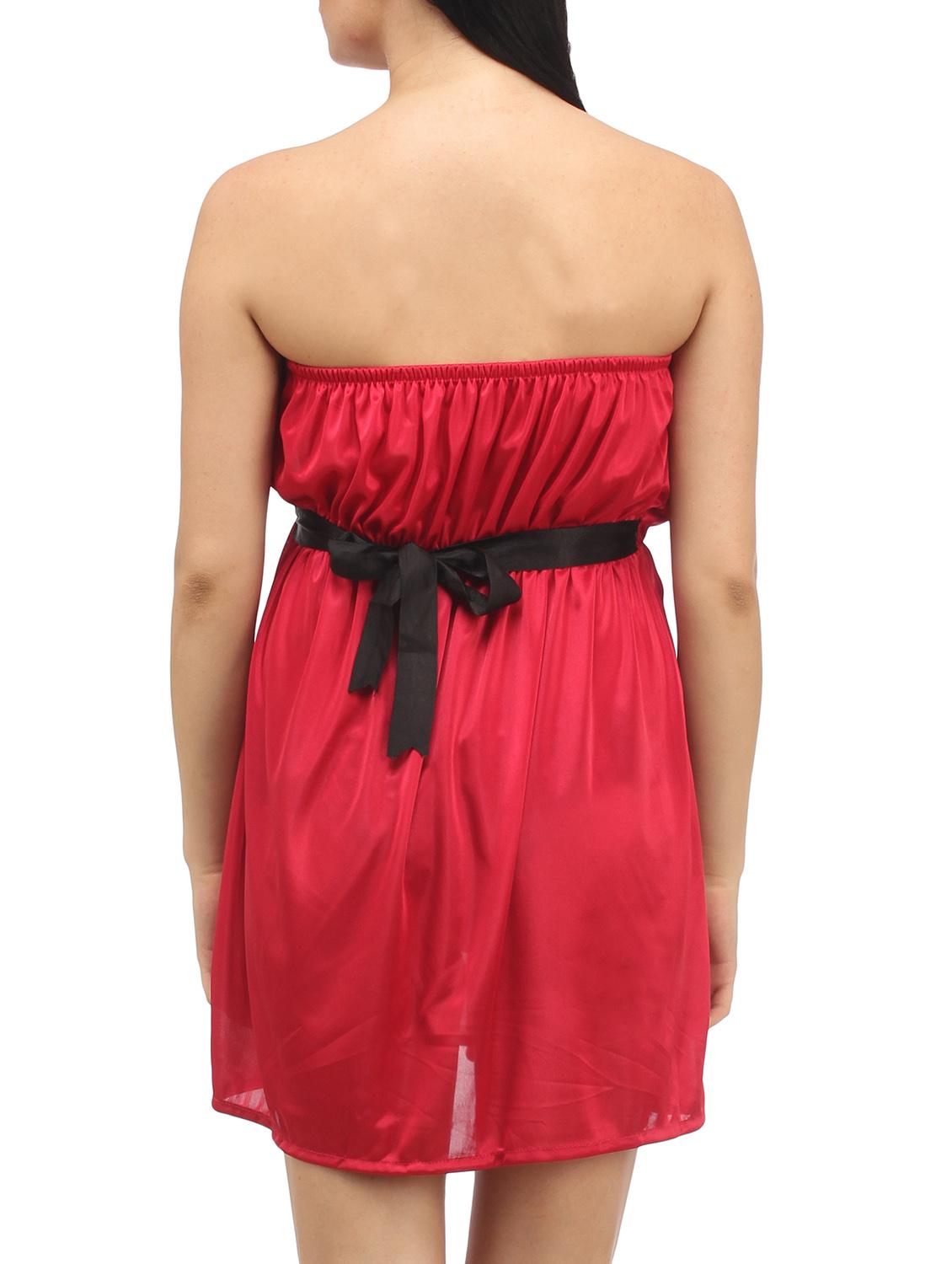 Red Plain Solid Satin Babydoll Nightwear Combo - 1058191 - Zoom Image - 7