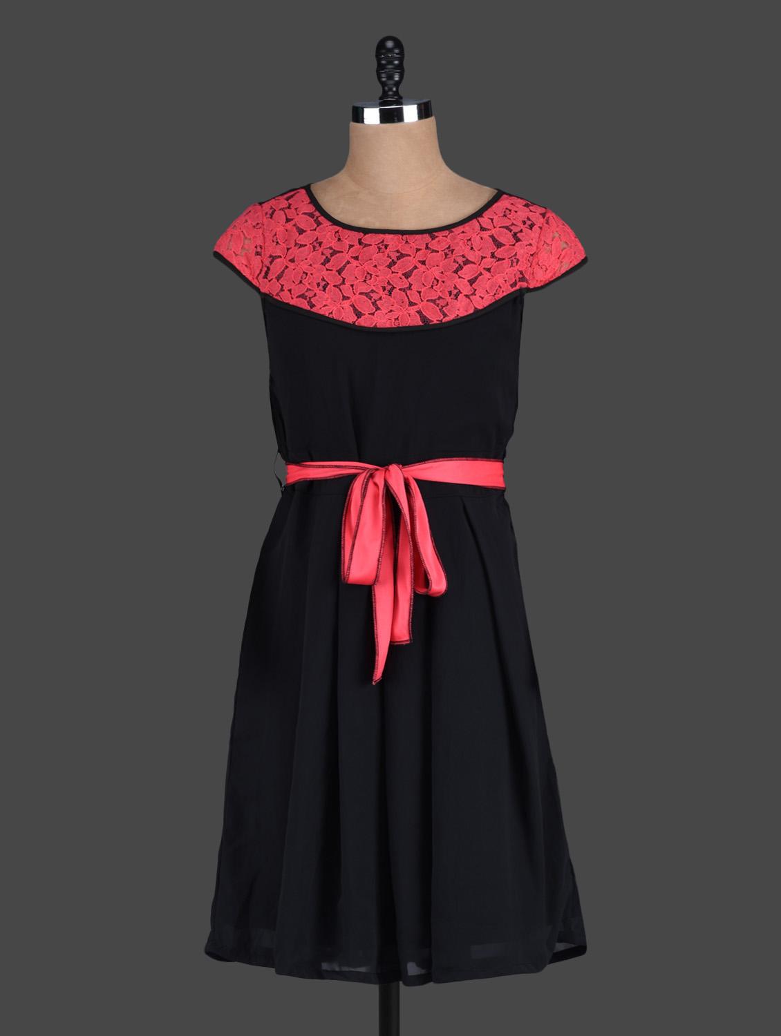 Black Dress With Coral Lace Panel - Eavan