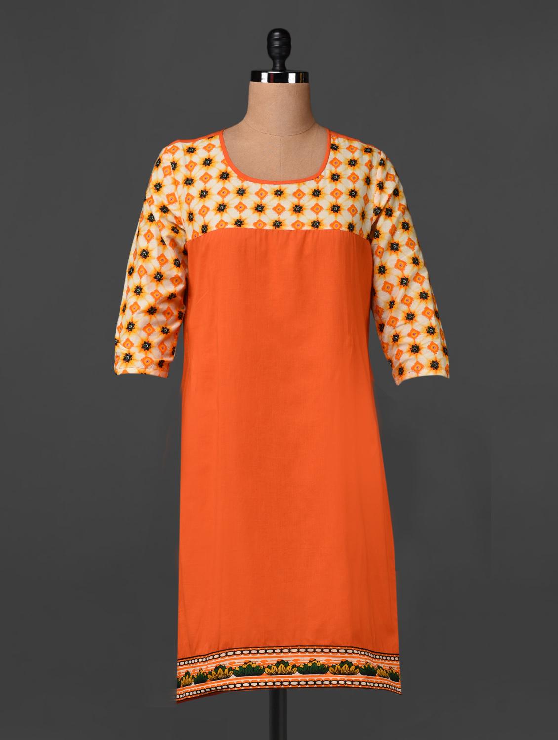 Printed Yoke & Quarter Sleeve Cotton Kurta - Swanky