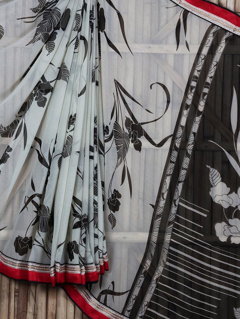 Floral And Leaf Printed Sheer Saree - Siya