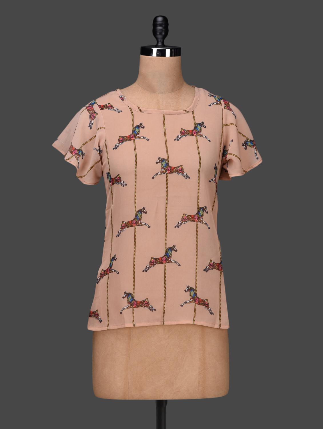 Horse Printed Round Neck Short Sleeves Georgette Top - Shilpkala