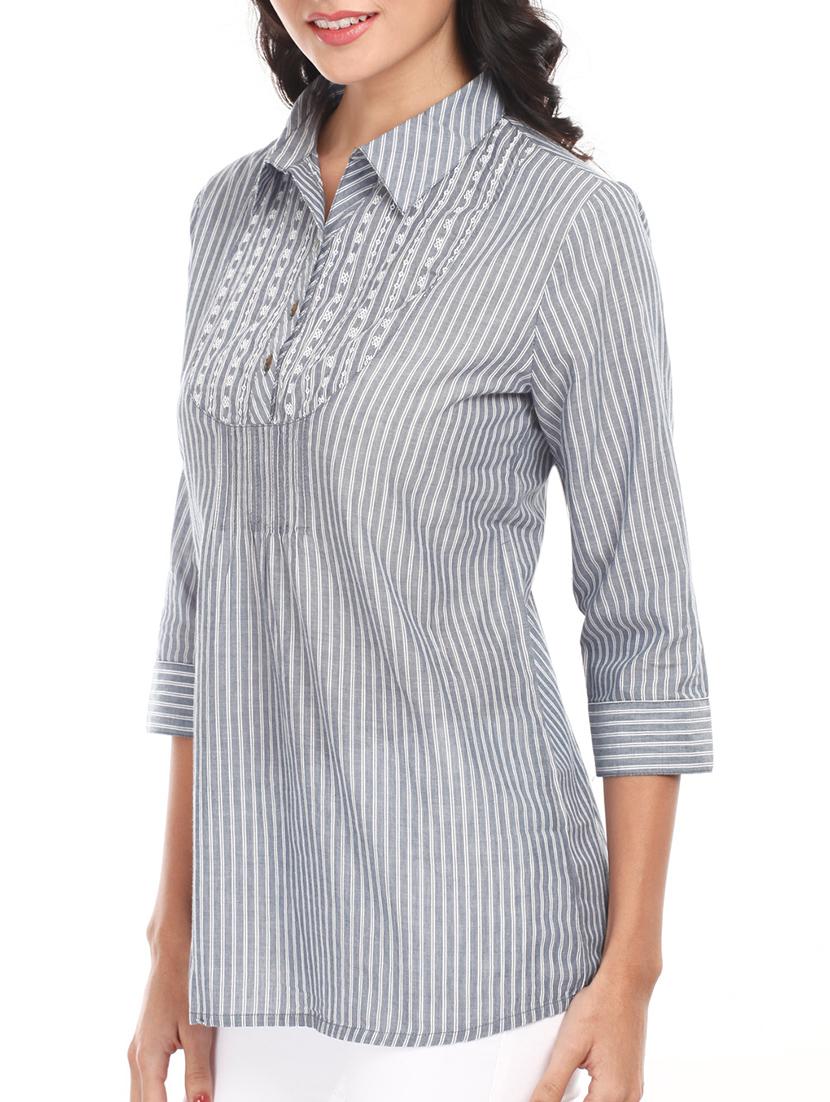 Grey Striped Shirt Collar Cotton Top - Mustard