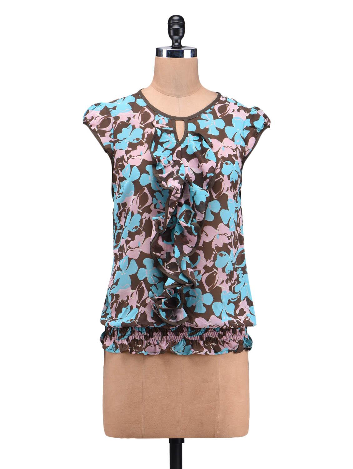 Blue Poly Georgette Printed Gathered Top - By