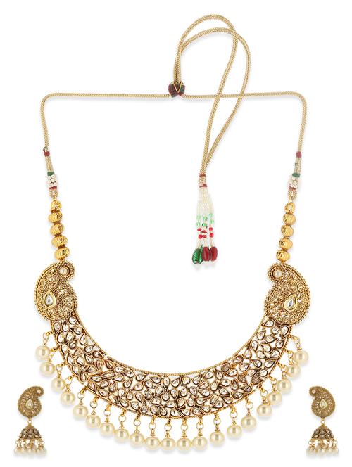 Gold Pearl Kundan Polki Necklace Set With Earrings - 10809845 - Very Small Image - 1