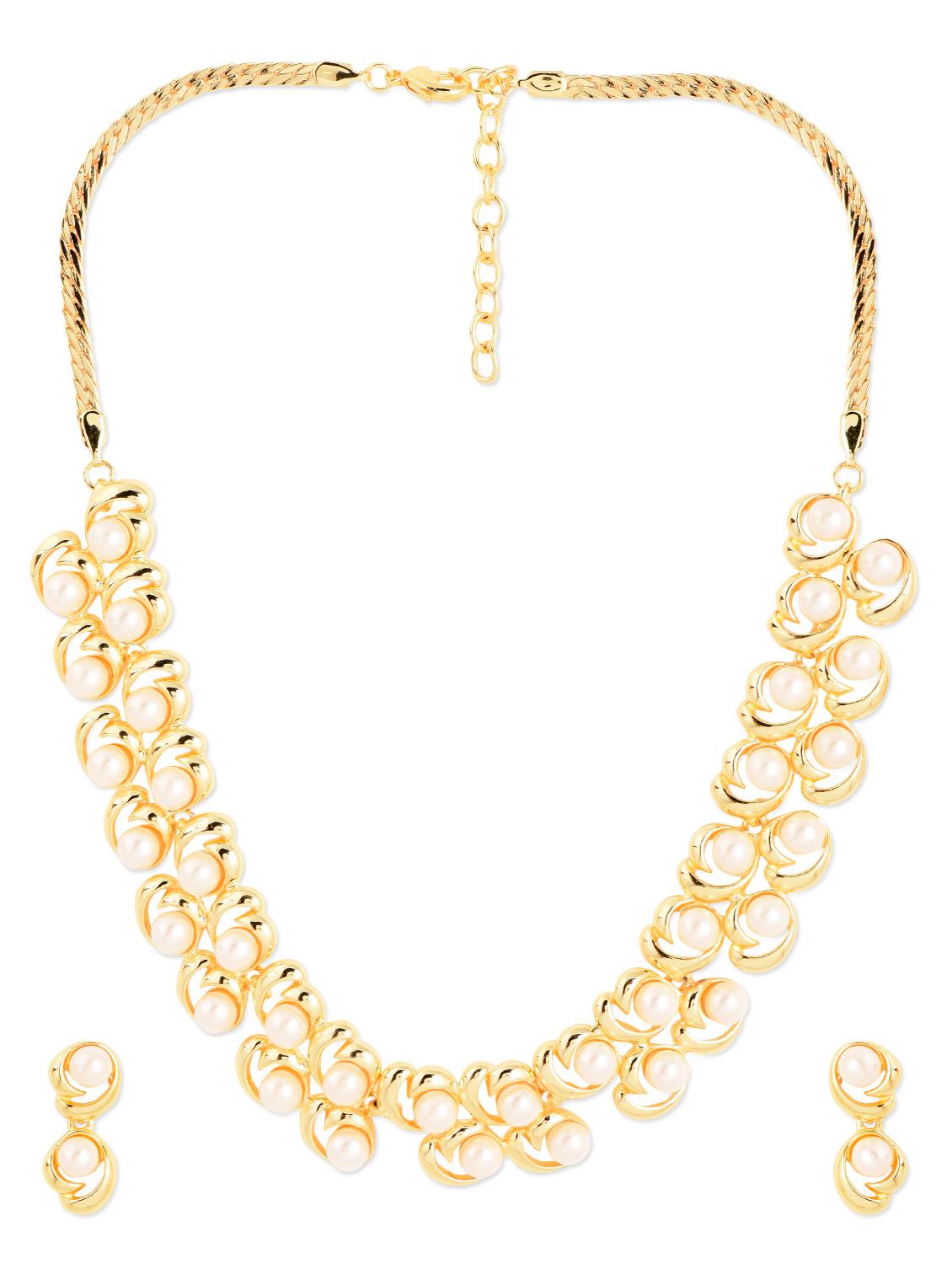Gold Metal Alloy & Pearl Beads Necklace Set - Golden Peacock