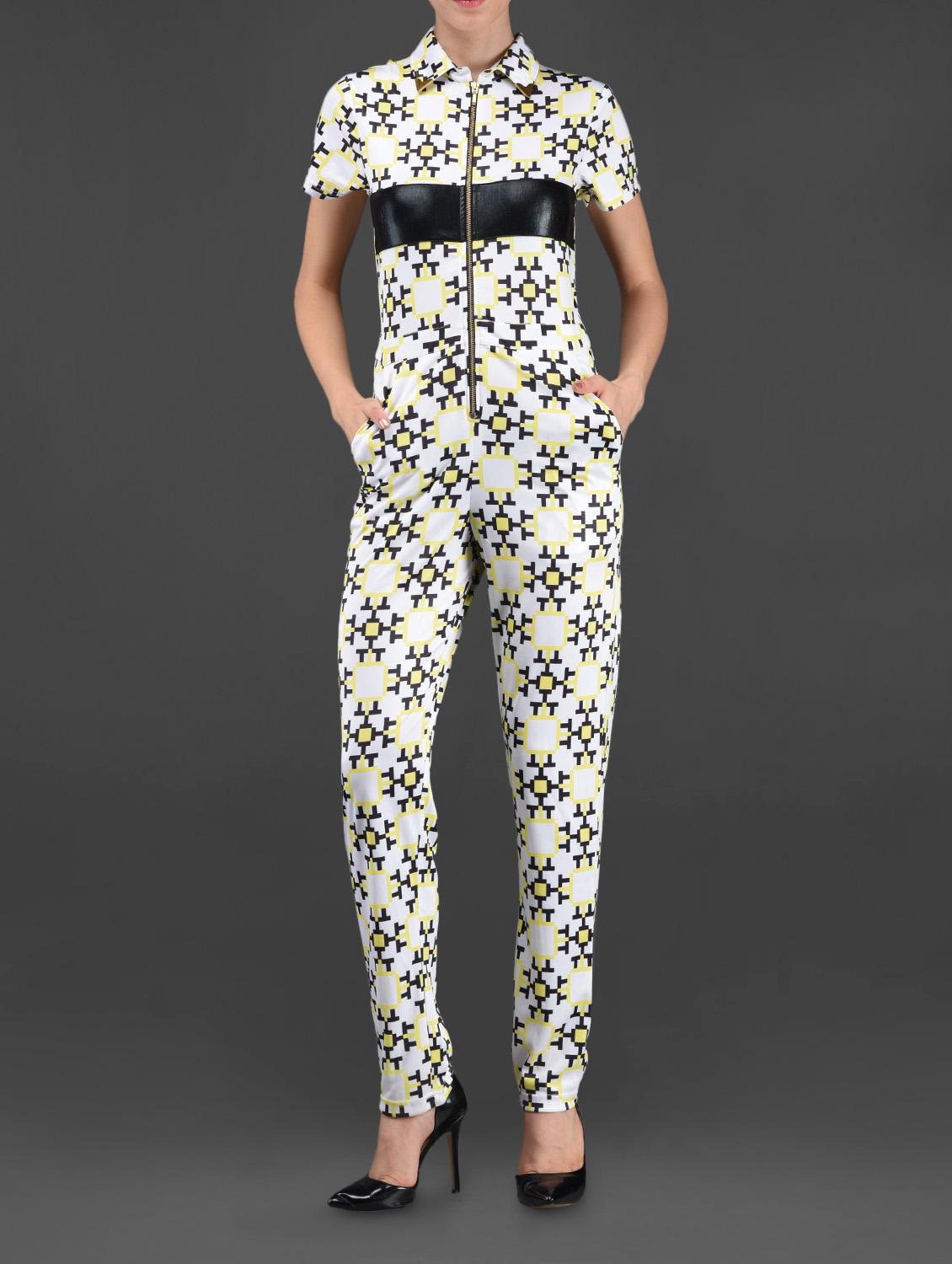 Geometric Print Front Zipper Jumpsuit - I AM TROUBLE BY KC