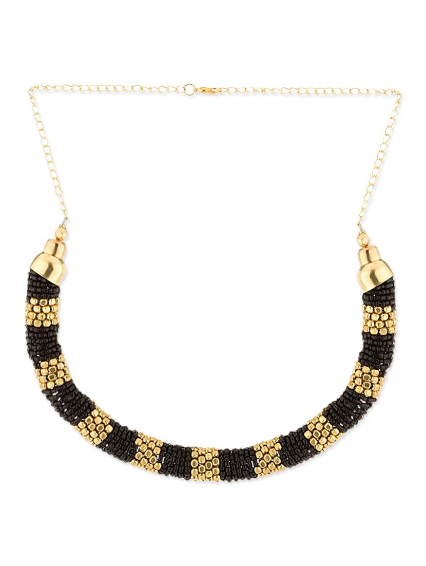 Golden & Black Seed Beads Bib Necklace - Voylla