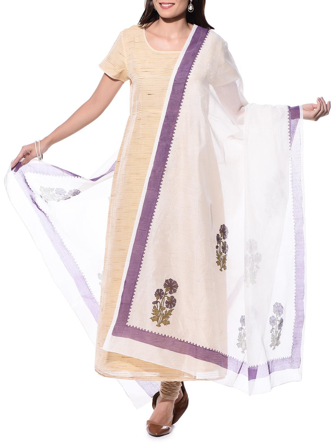 Off-white Hand Block Print Chanderi Dupatta - By