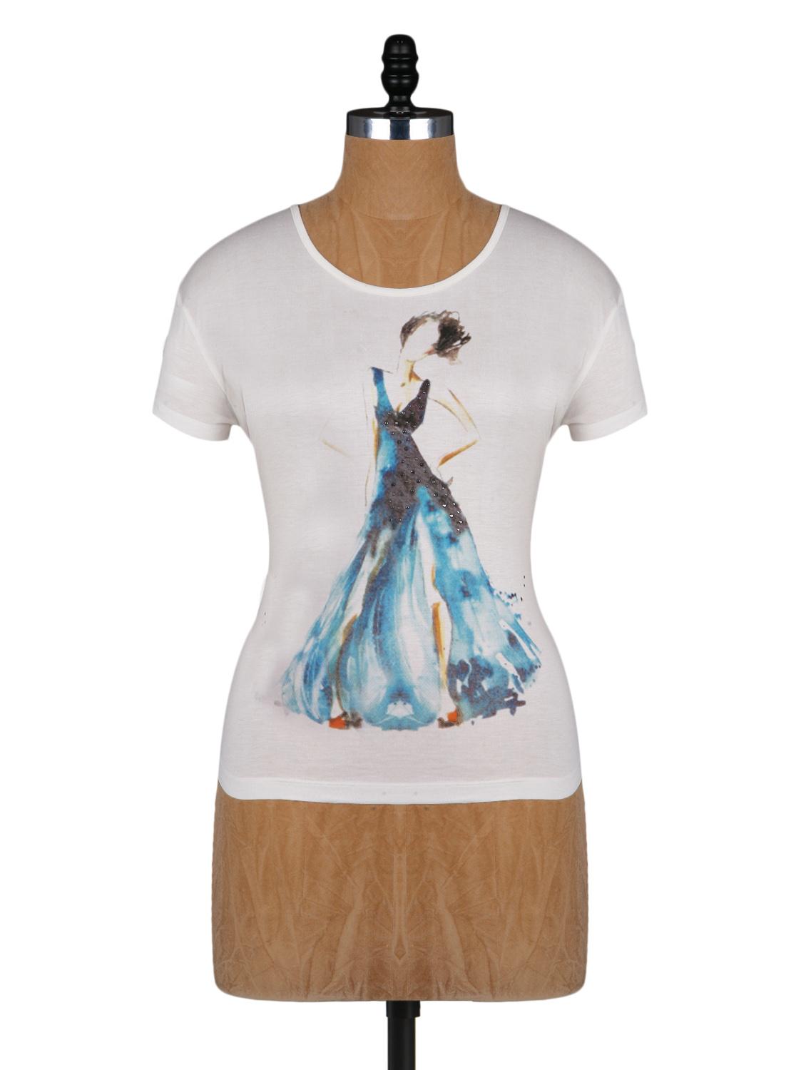 Girl In Gown Printed Round Neck Tee - By