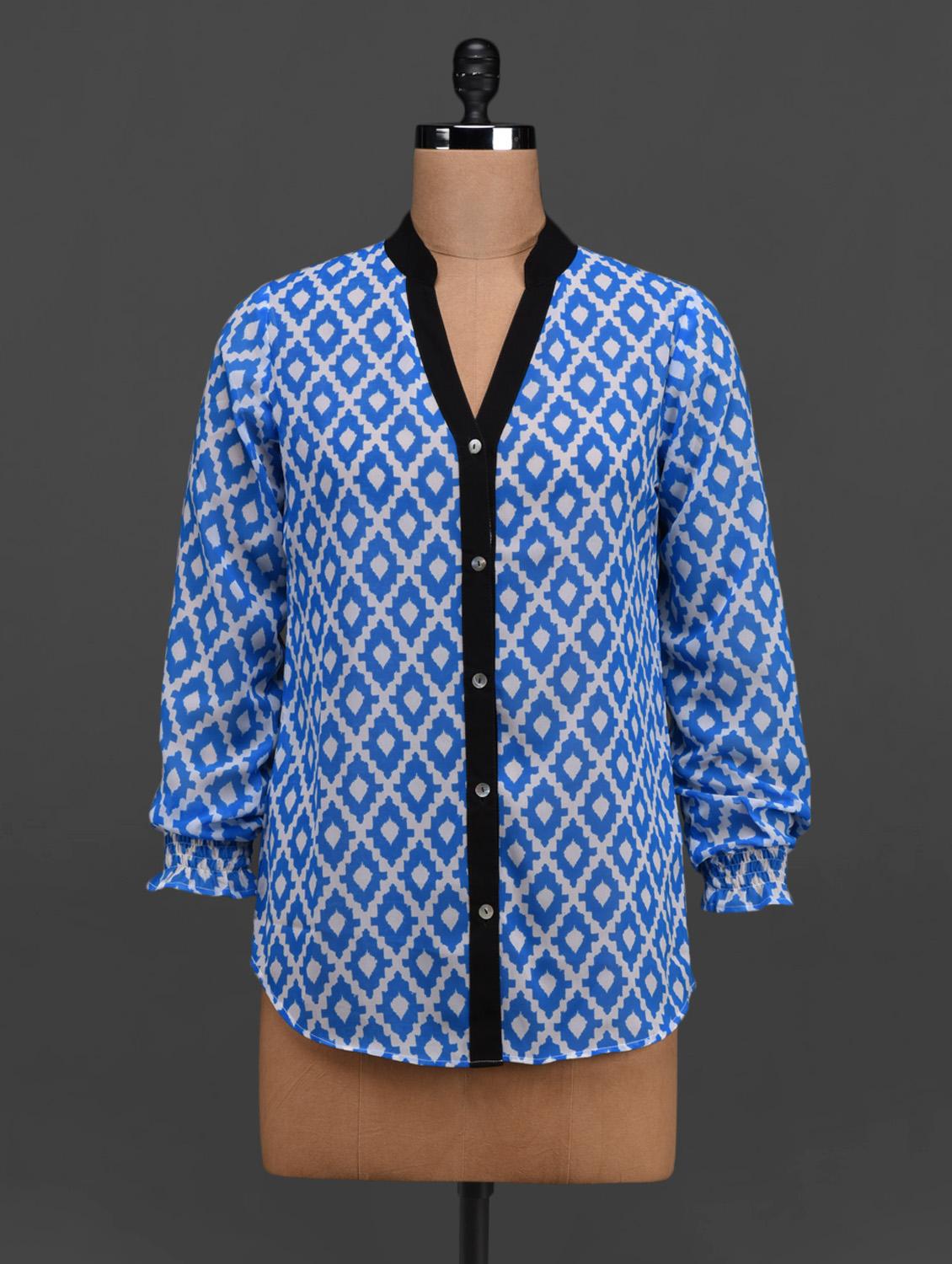 Blue Printed Long Sleeves Georgette Top - Tapyti
