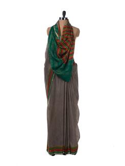 Black and White Op Art Crepe Silk Saree with Green and Orange Border - Saboo