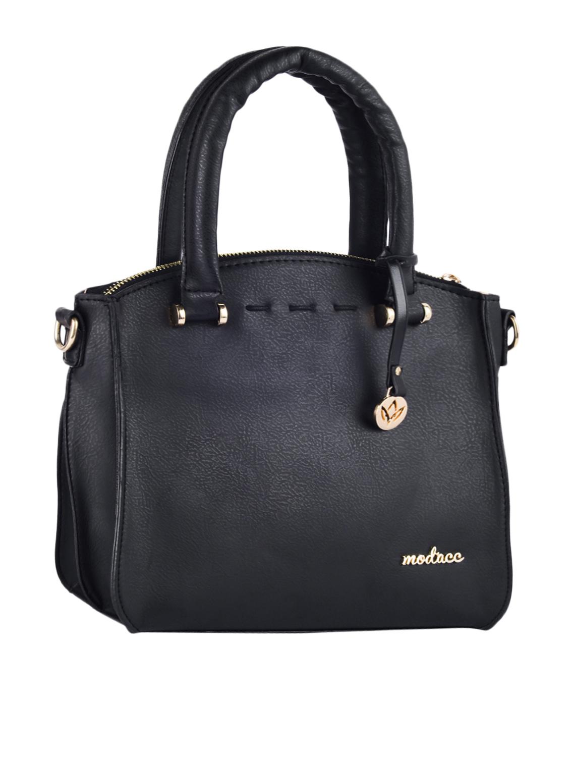 Plain Solid Black Zipper Closure Leatherette Handbag - Mod'acc