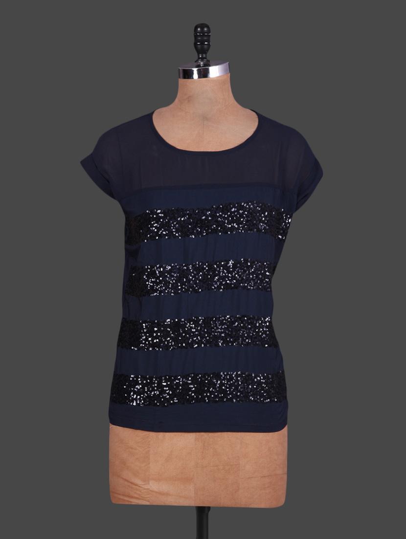Round Neck Short Sleeves Sequined Blue Top - By
