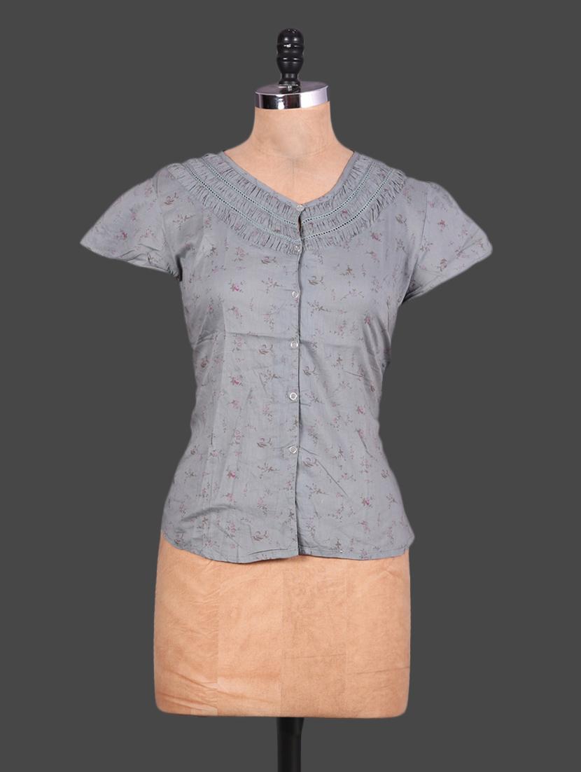 Printed Button Down Grey Cotton Top - URBAN RELIGION
